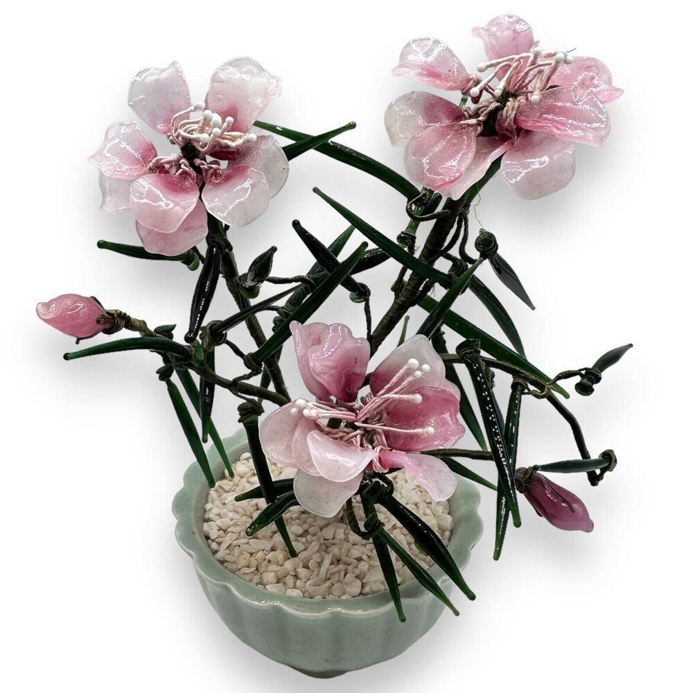 Vintage Jade Glass Floral Bonsai Tree In Pot - Made In Japan Decor Pink Flowers